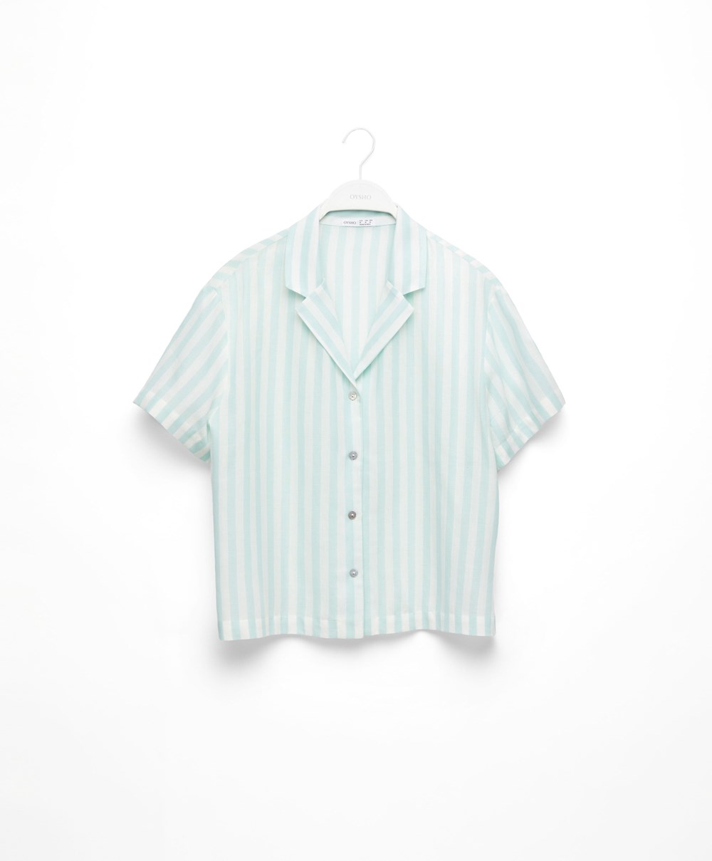 Oysho Stripe 100% Bomull Kort-sleeved Shirt Grønn | YWOT65193