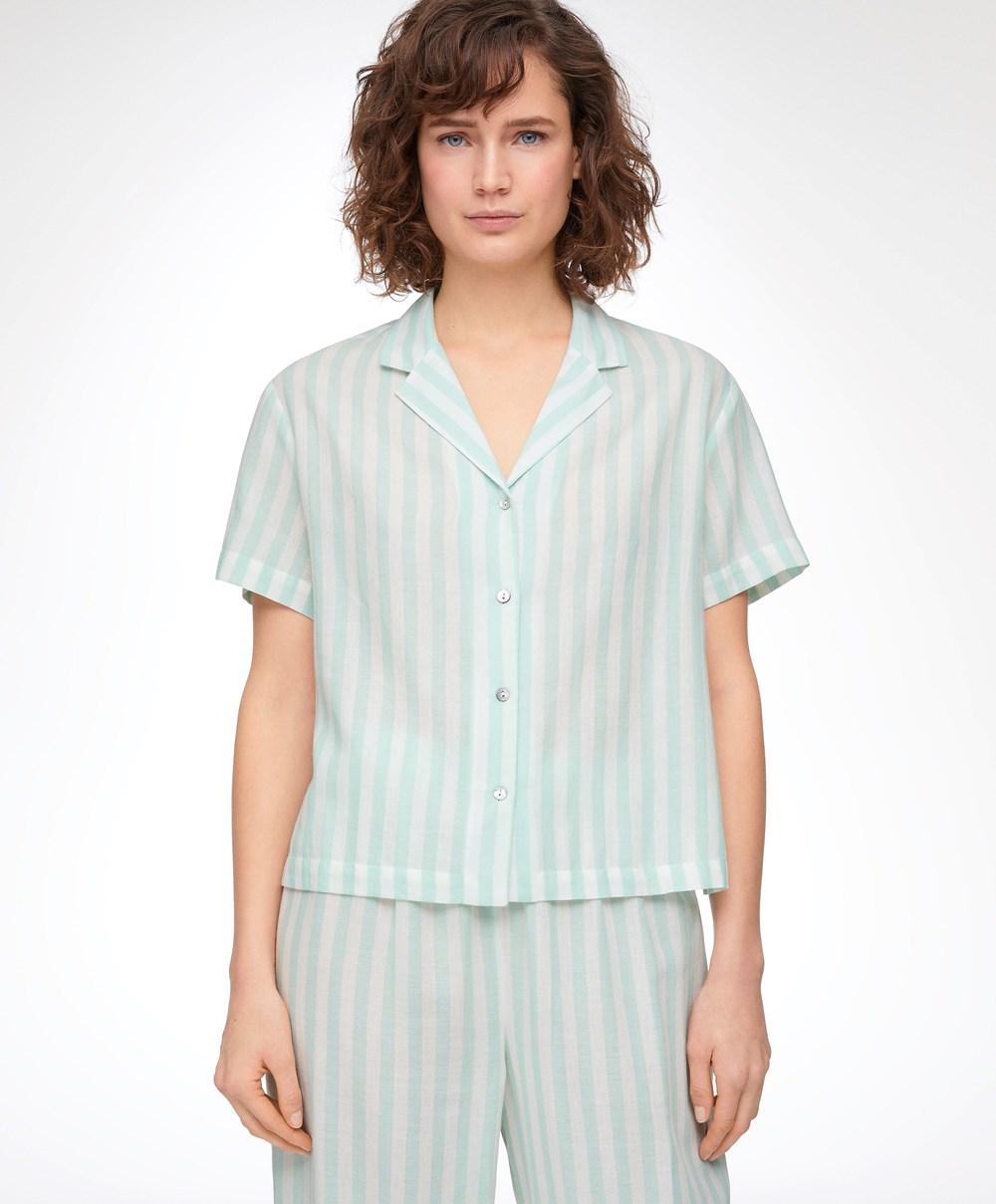 Oysho Stripe 100% Bomull Kort-sleeved Shirt Grønn | YWOT65193