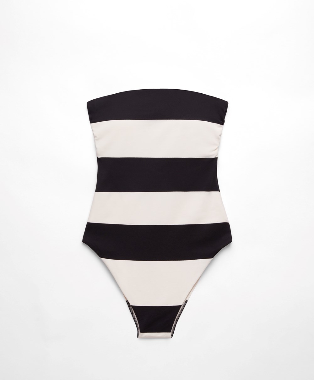 Oysho Stripe Piqué Bandeau Swimsuit Svarte | NOWH19563