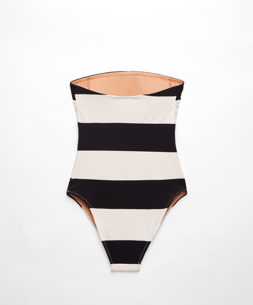 Oysho Stripe Piqué Bandeau Swimsuit Svarte | NOWH19563