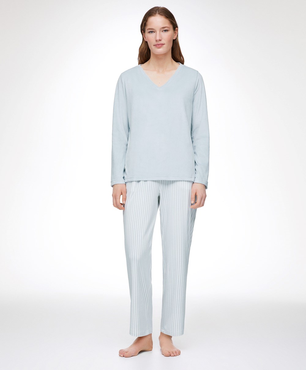 Oysho Stripe Velour Trousers Blå | EXYB15870