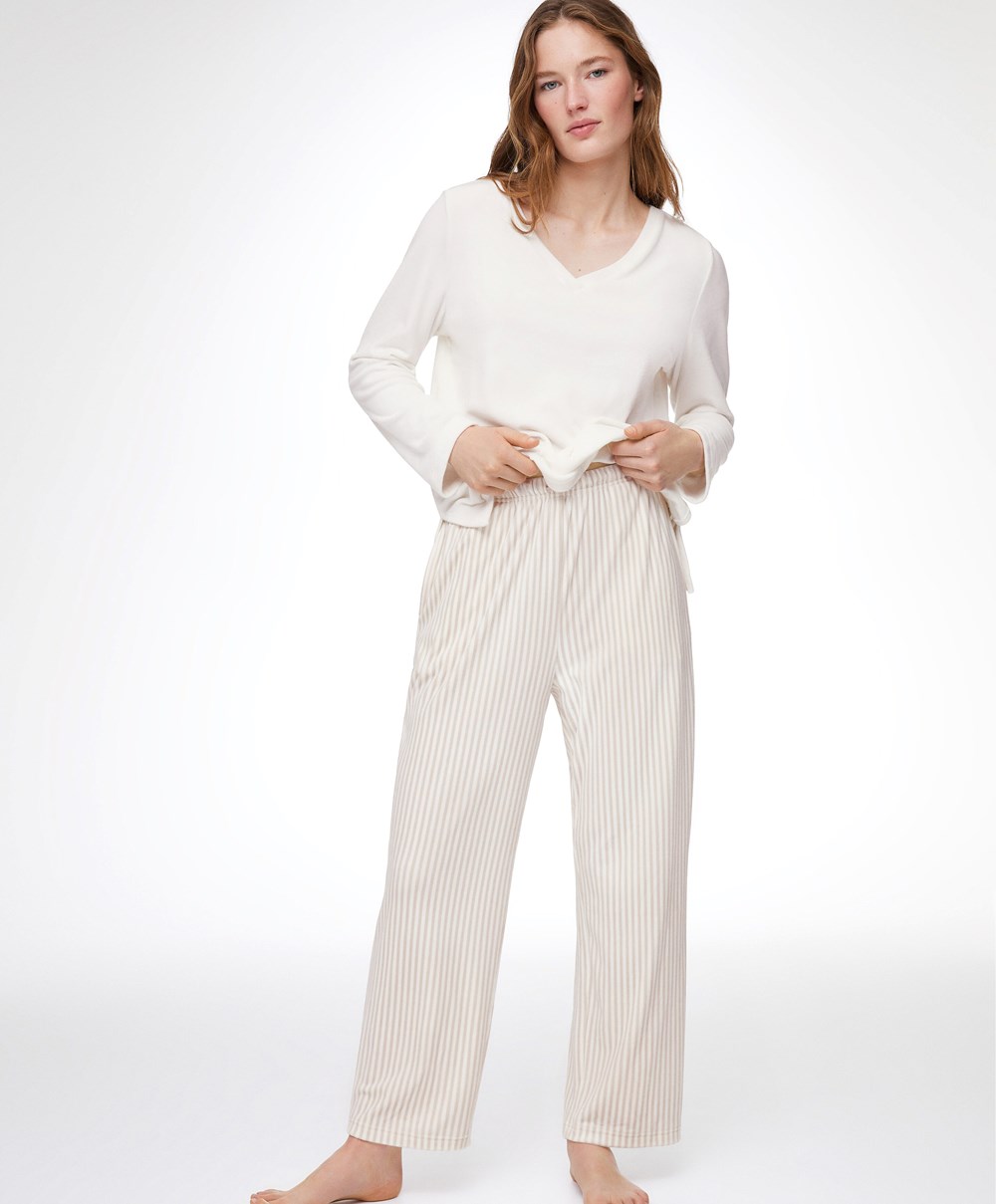 Oysho Stripe Velour Trousers Stone | OECH61089