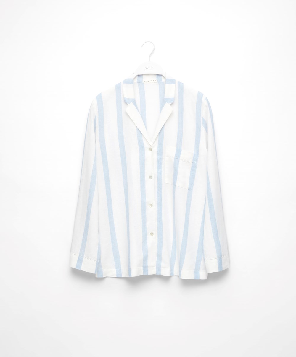 Oysho Stripete Linen Long-sleeved Shirt Pale Ecru | LZCQ96013