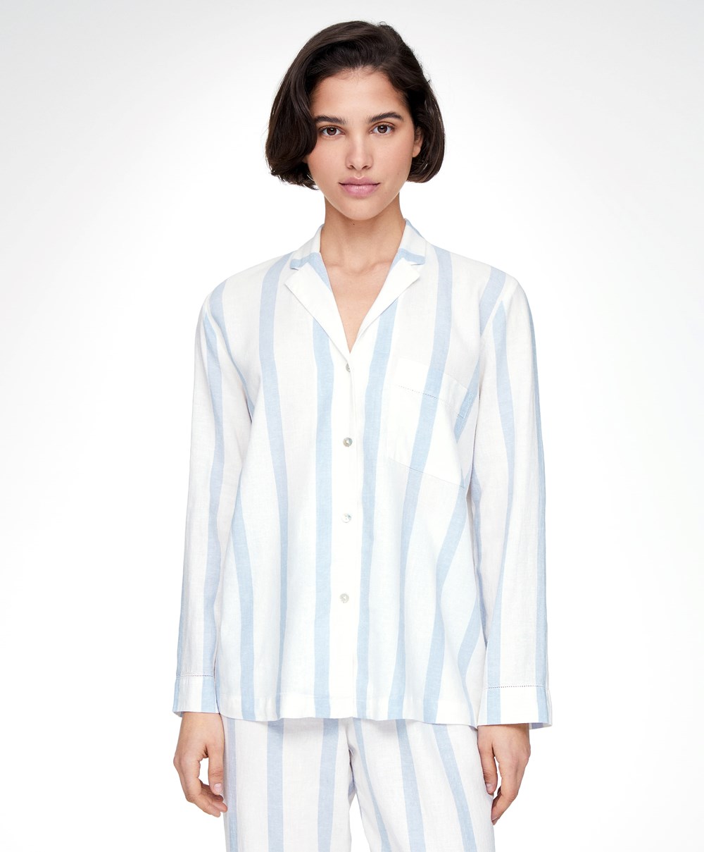 Oysho Stripete Linen Long-sleeved Shirt Pale Ecru | LZCQ96013