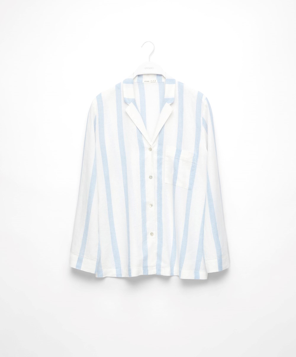 Oysho Stripete Linen Long-sleeved Shirt Pale Ecru | PULH81620