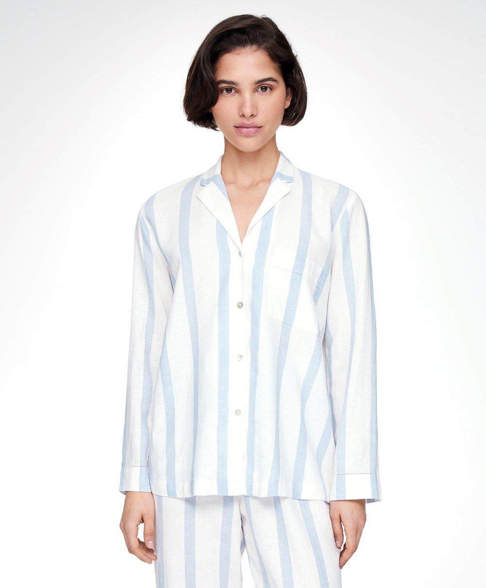 Oysho Stripete Linen Long-sleeved Shirt Pale Ecru | PULH81620