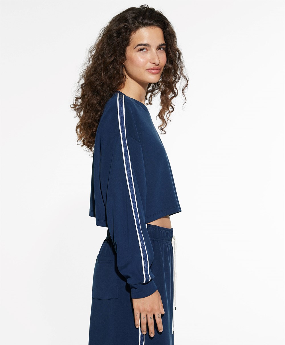 Oysho Stripete Modal Crop Sweatshirt Marineblå Blå | IEAM65914