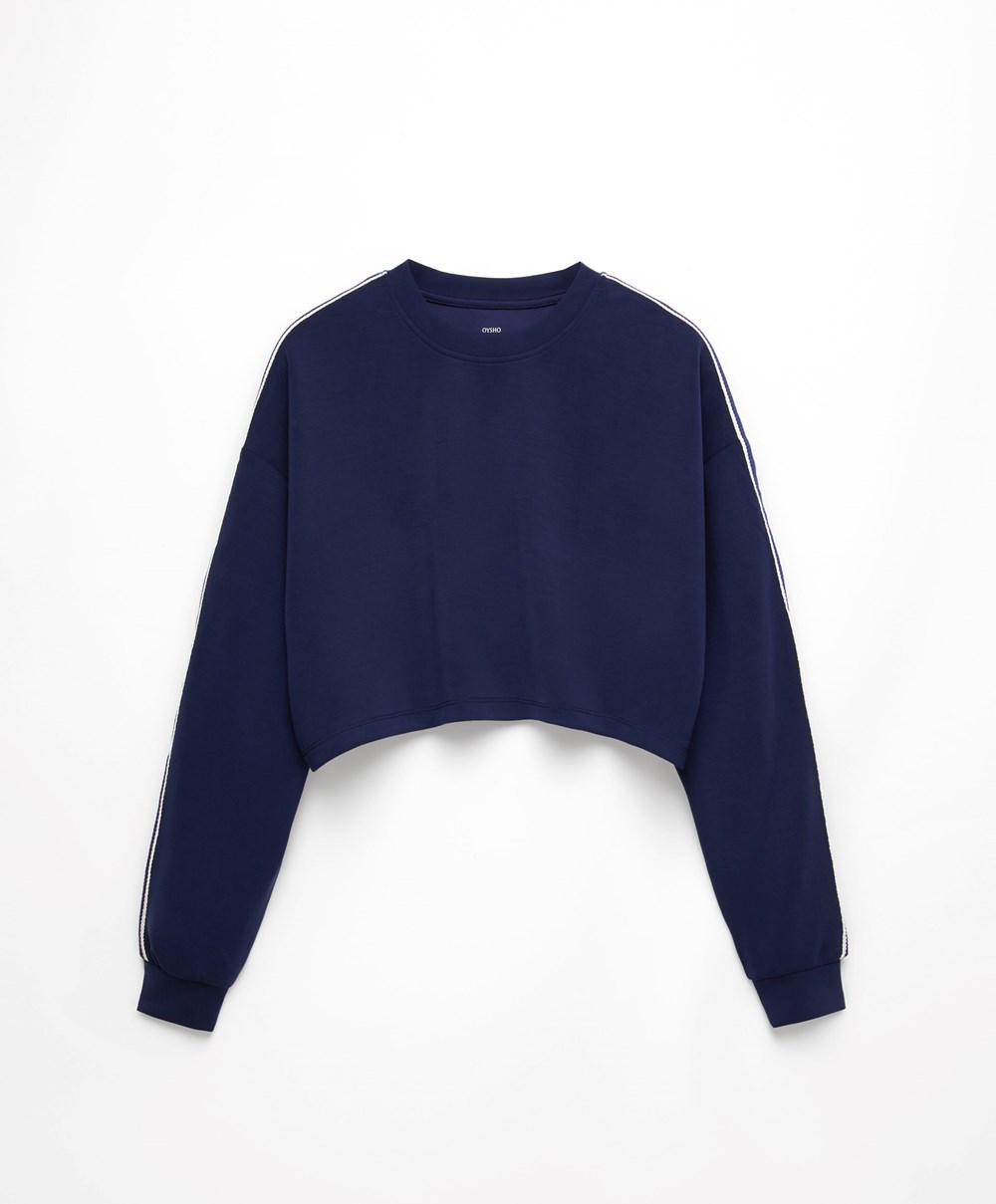 Oysho Stripete Modal Crop Sweatshirt Marineblå Blå | IEAM65914