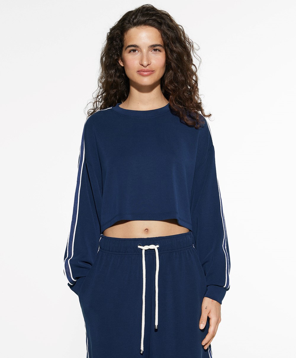 Oysho Stripete Modal Crop Sweatshirt Marineblå Blå | IEAM65914