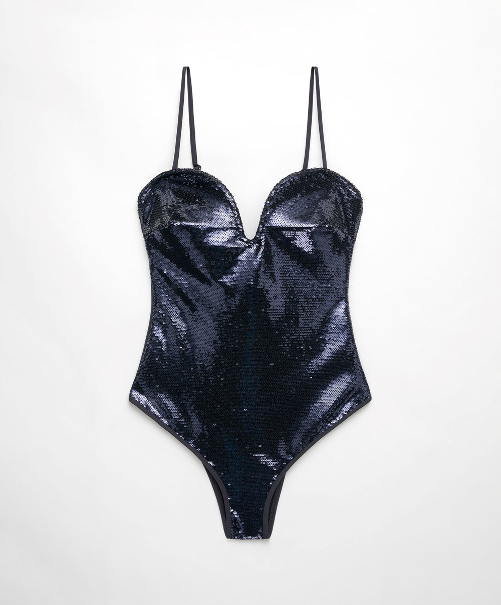 Oysho Sweetheart Neckline Sequin Swimsuit Blå | NMOF60951