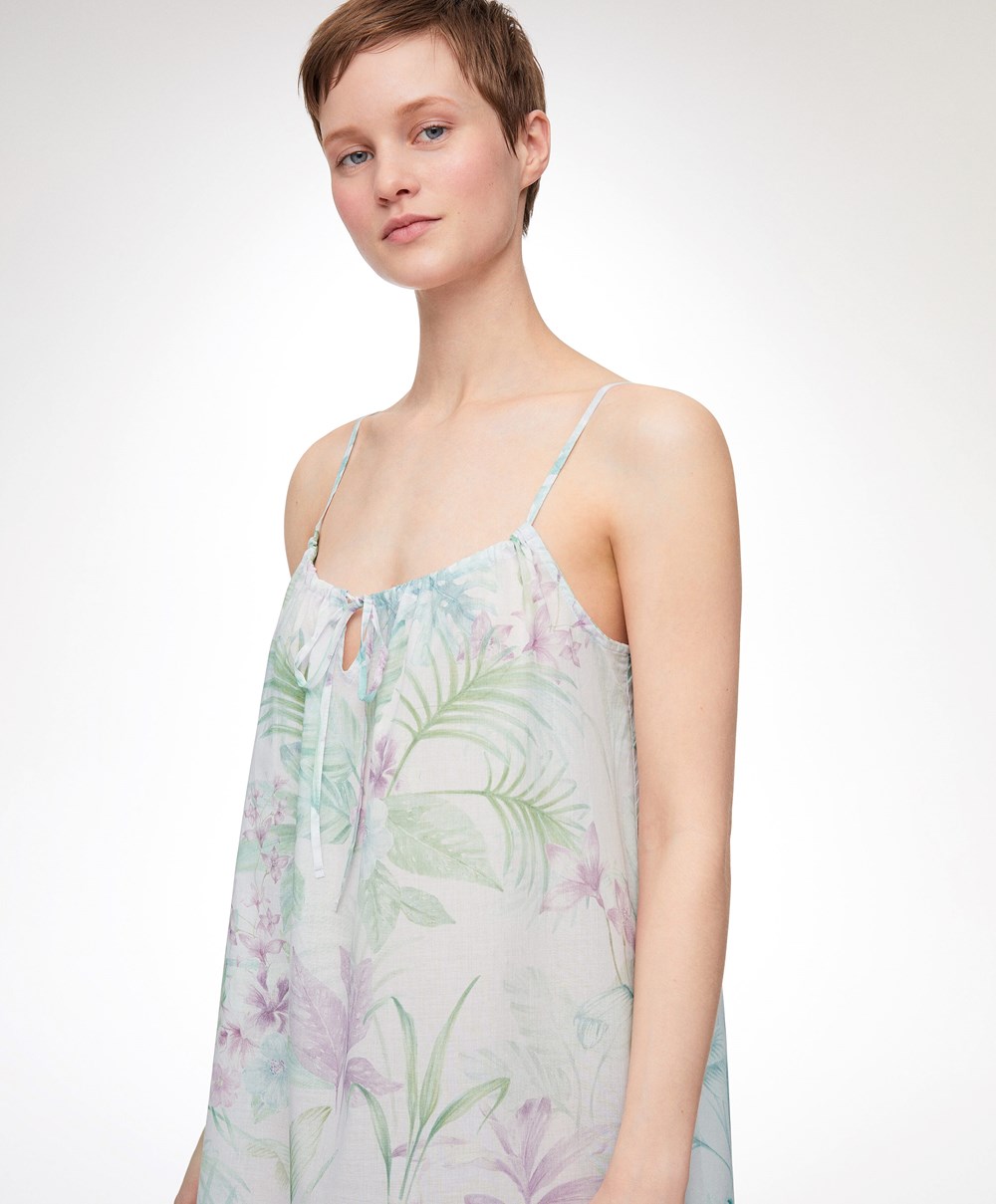 Oysho Tropical 100% Bomull Strappy Midi Nightdress Soft Mauve | BEKS80379