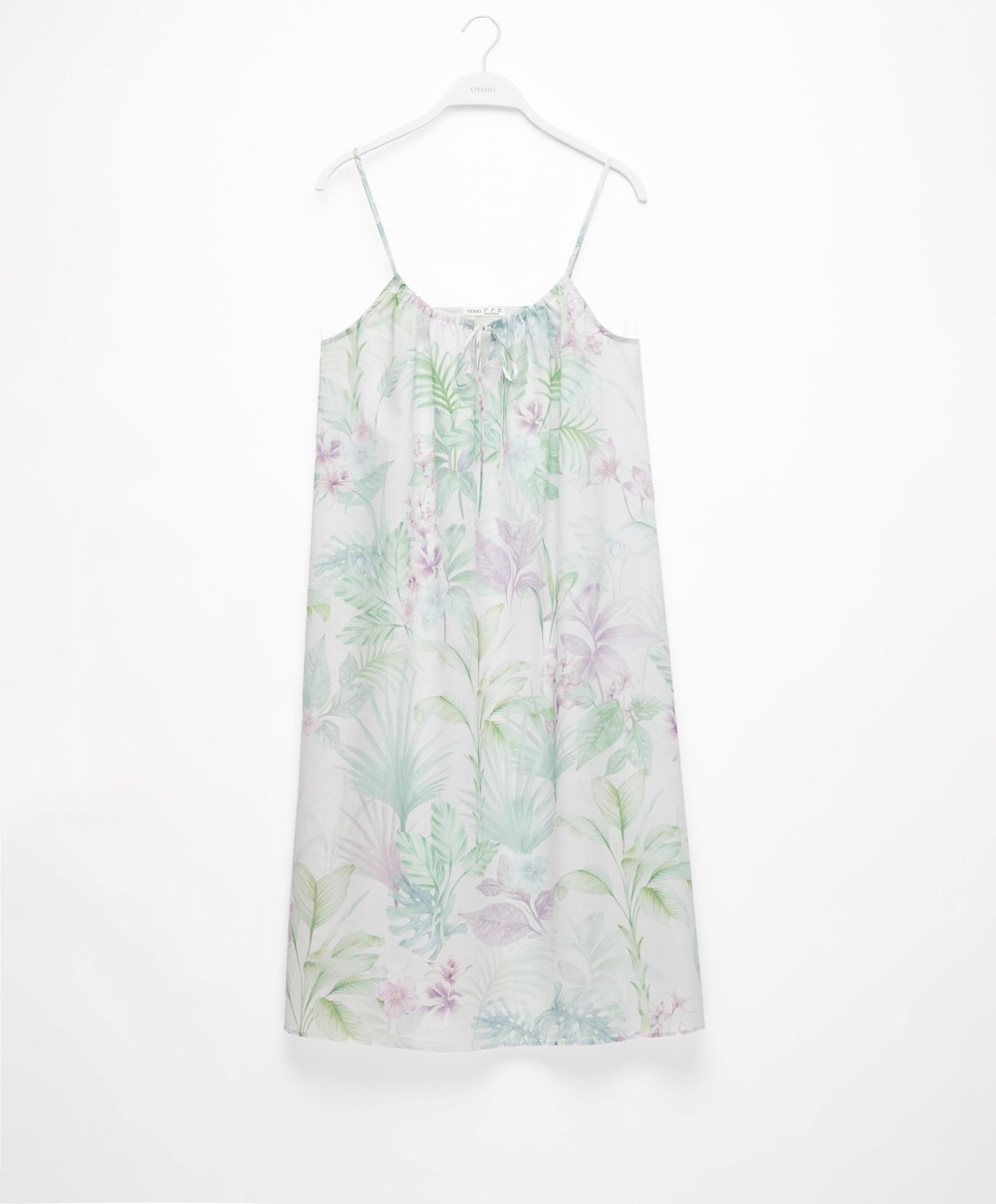 Oysho Tropical 100% Bomull Strappy Midi Nightdress Soft Mauve | BEKS80379