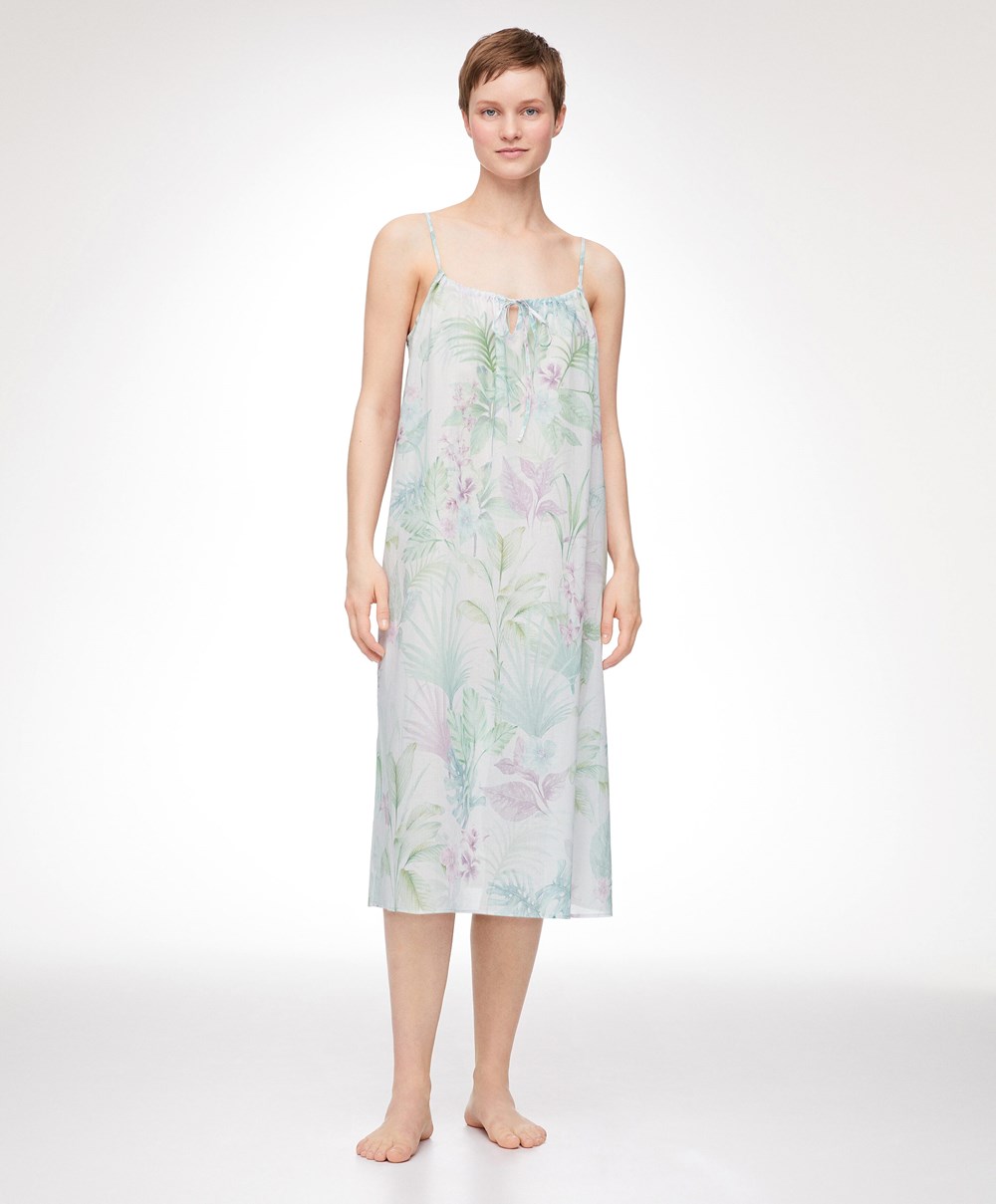 Oysho Tropical 100% Bomull Strappy Midi Nightdress Soft Mauve | BEKS80379