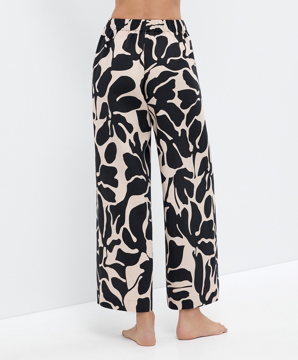 Oysho Tropical Bomull/Linen Brede-leg Trousers Svarte | QZUF34295