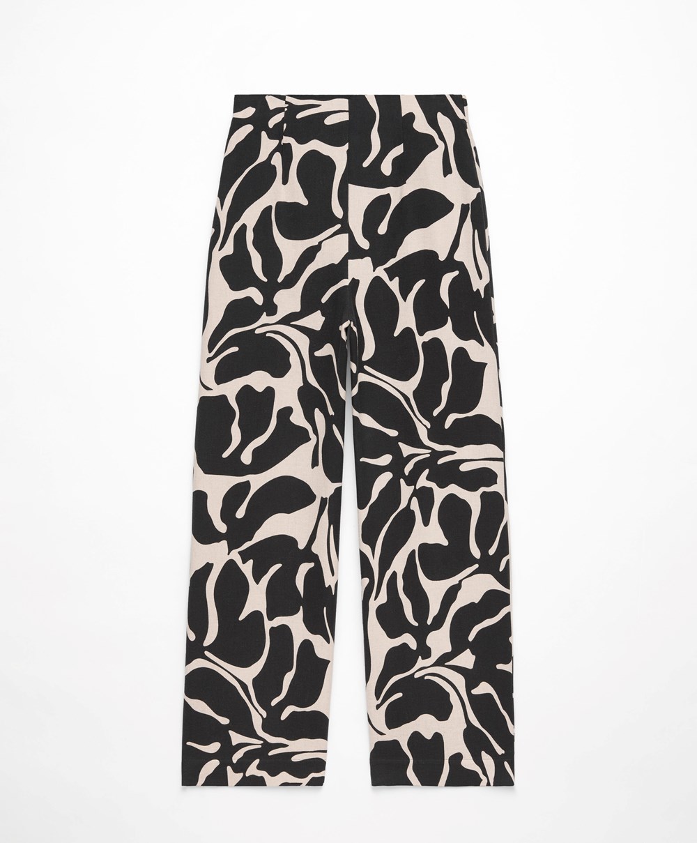 Oysho Tropical Bomull/Linen Brede-leg Trousers Svarte | QZUF34295