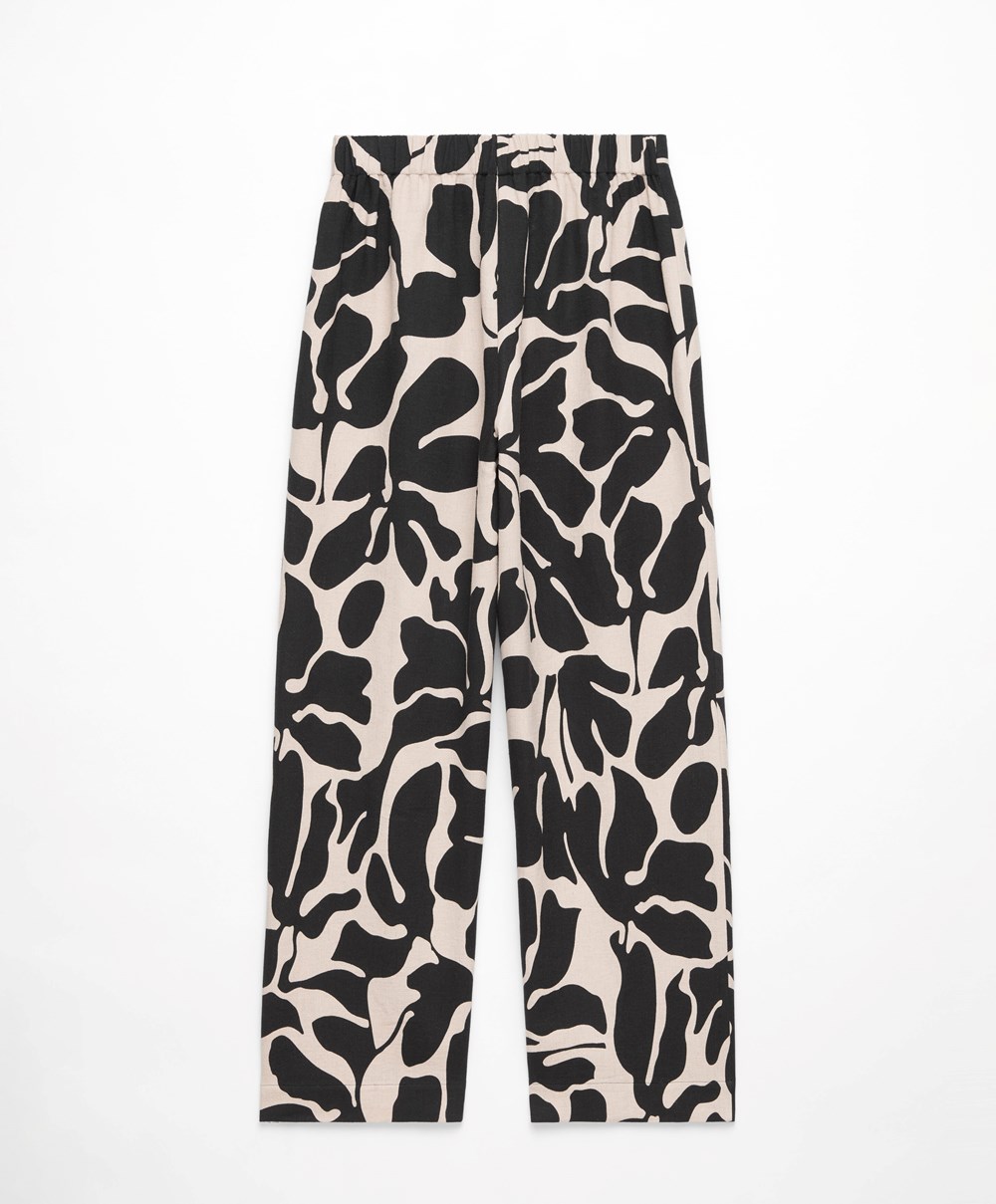 Oysho Tropical Bomull/Linen Brede-leg Trousers Svarte | QZUF34295