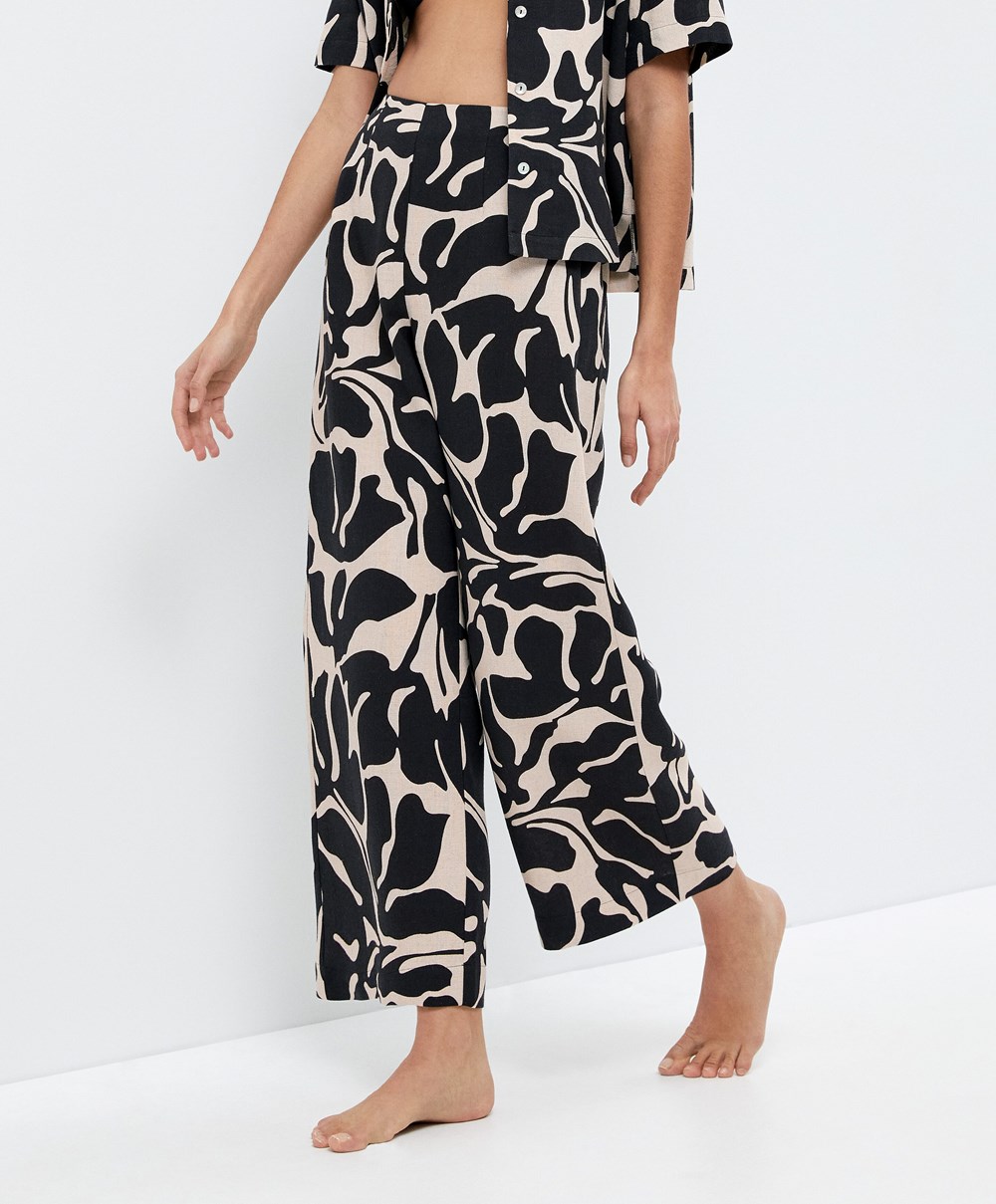 Oysho Tropical Bomull/Linen Brede-leg Trousers Svarte | QZUF34295