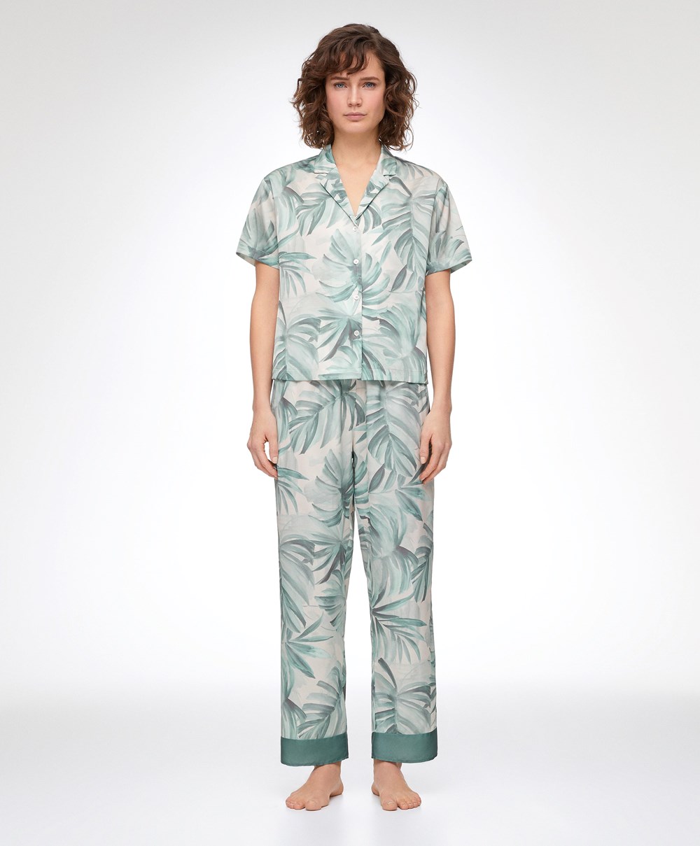 Oysho Tropical Leaf Satin Kort-sleeved Shirt Grønn | VPCY92406