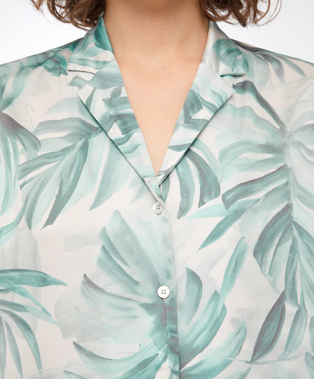 Oysho Tropical Leaf Satin Kort-sleeved Shirt Grønn | VPCY92406