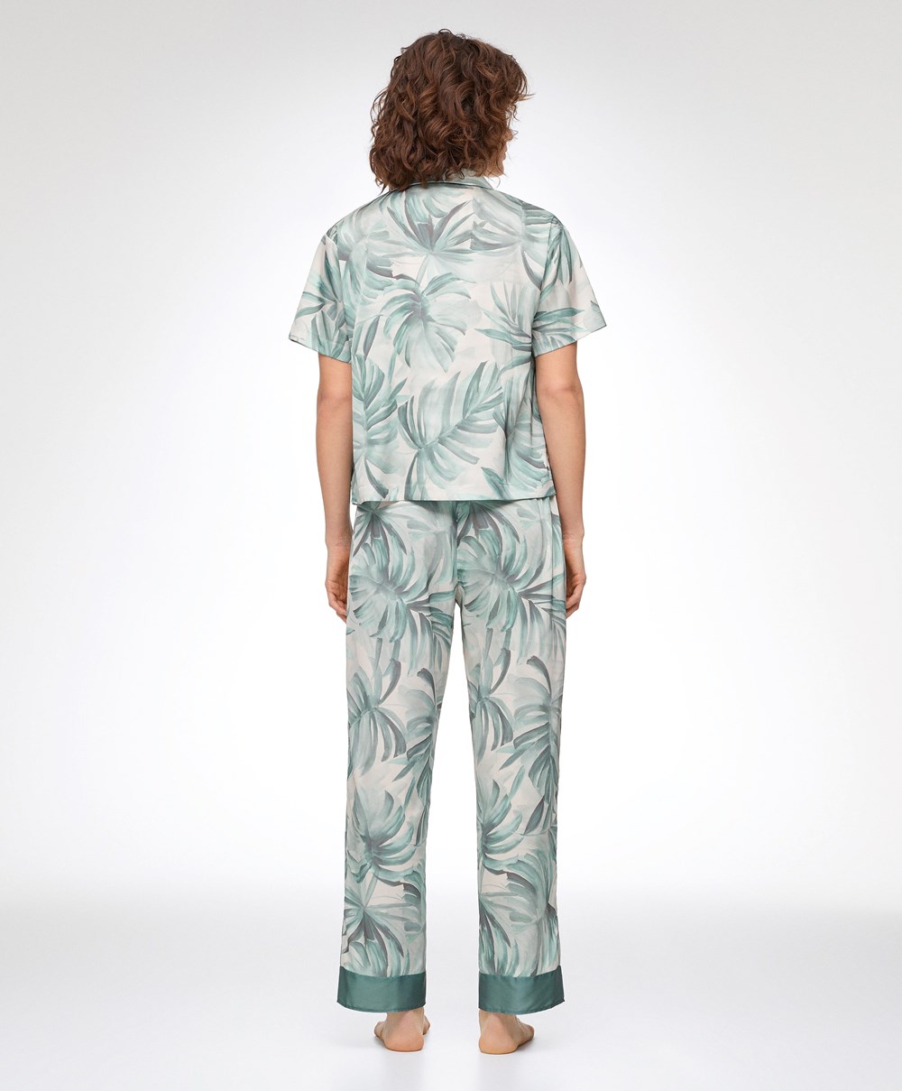 Oysho Tropical Leaf Satin Kort-sleeved Shirt Grønn | VPCY92406