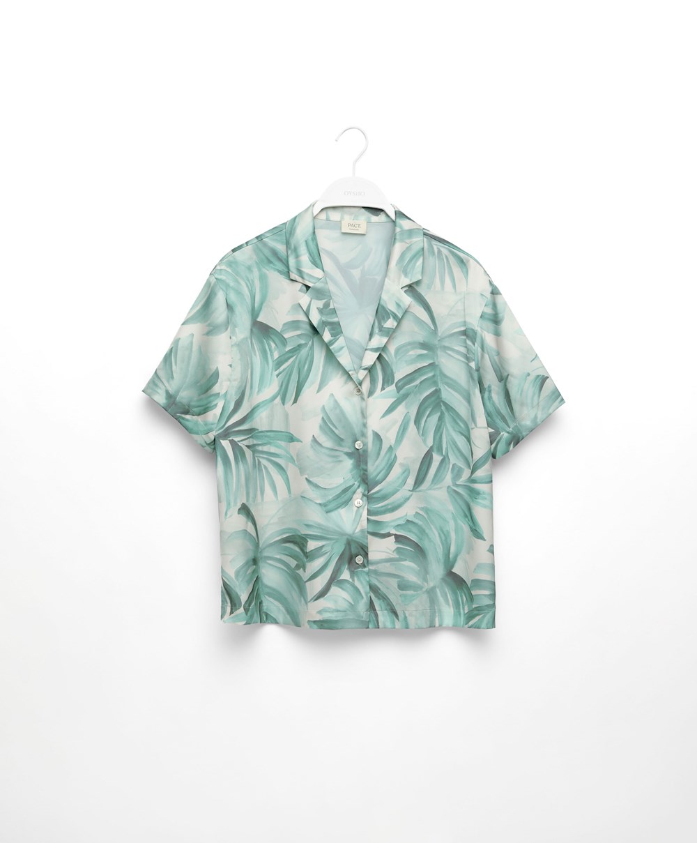 Oysho Tropical Leaf Satin Kort-sleeved Shirt Grønn | VPCY92406