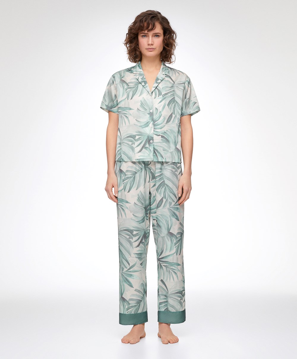 Oysho Tropical Leaf Satin Kort-sleeved Shirt Grønn | XCPE46085