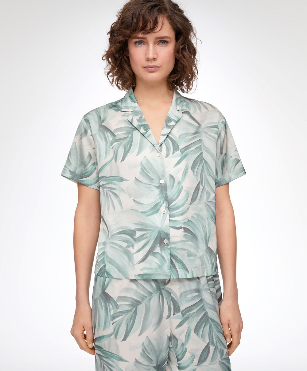 Oysho Tropical Leaf Satin Kort-sleeved Shirt Grønn | XCPE46085