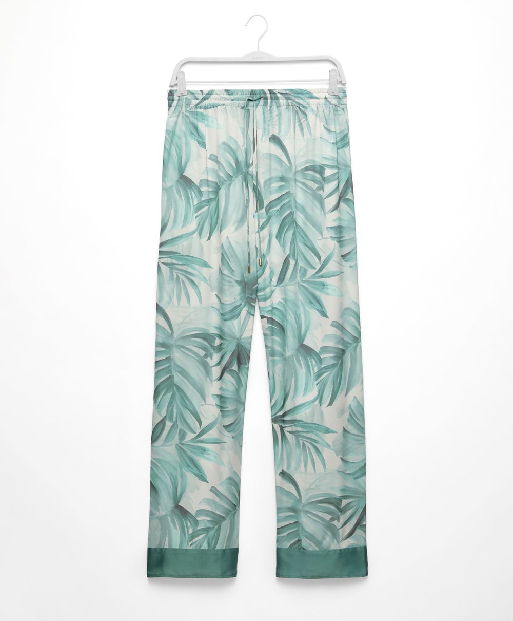 Oysho Tropical Leaf Satin Trousers Grønn | RYWC65483