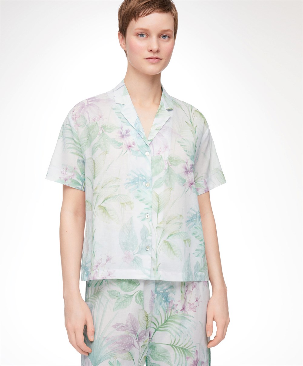 Oysho Tropical Print Kort-sleeved 100% Bomull Shirt Soft Mauve | MEPS29634