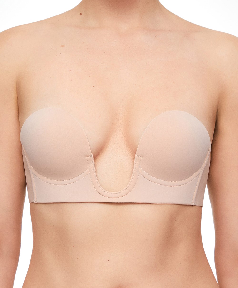 Oysho U-neck Fabric Adhesive Bra Beige | JREB05631