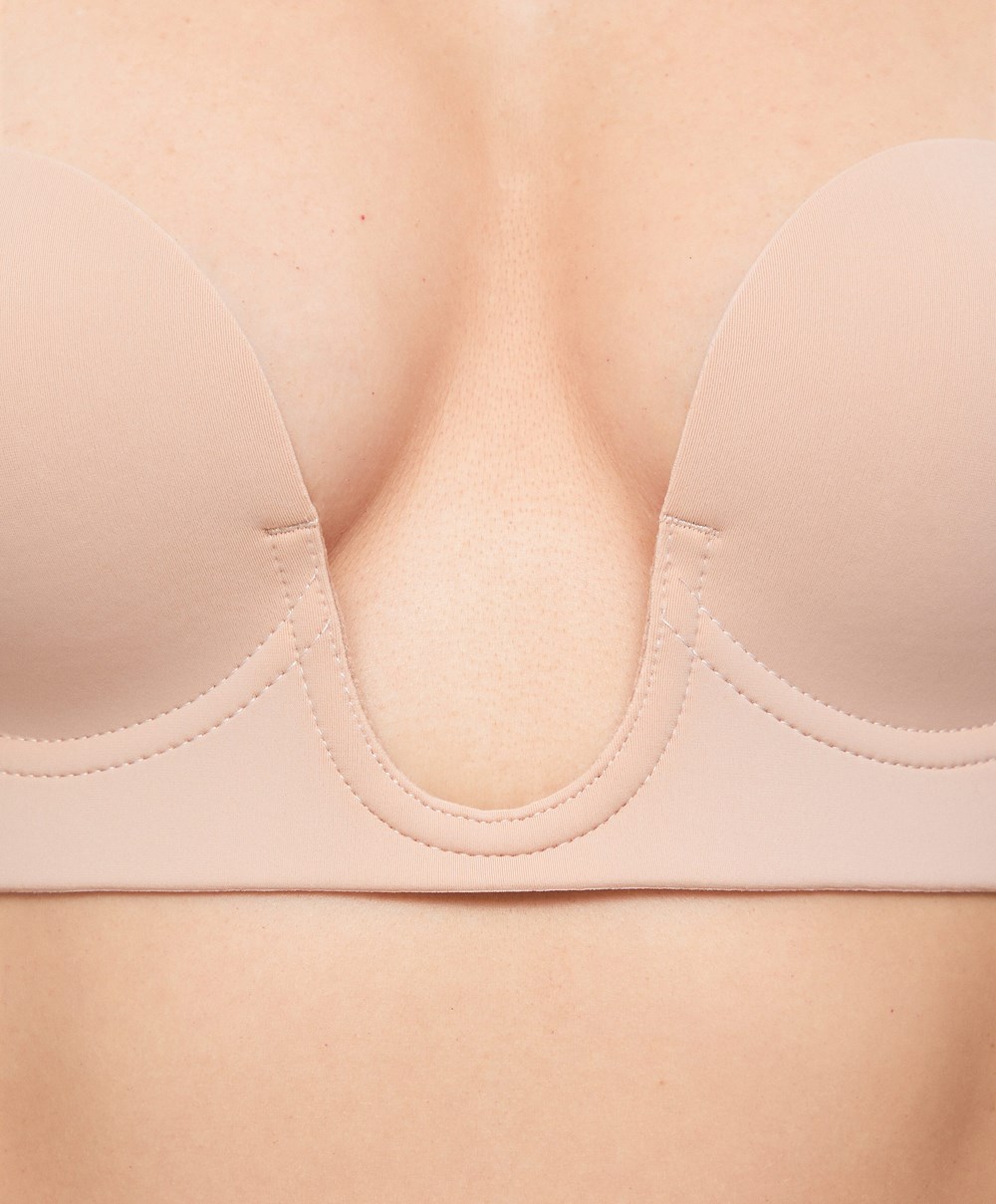 Oysho U-neck Fabric Adhesive Bra Beige | JREB05631