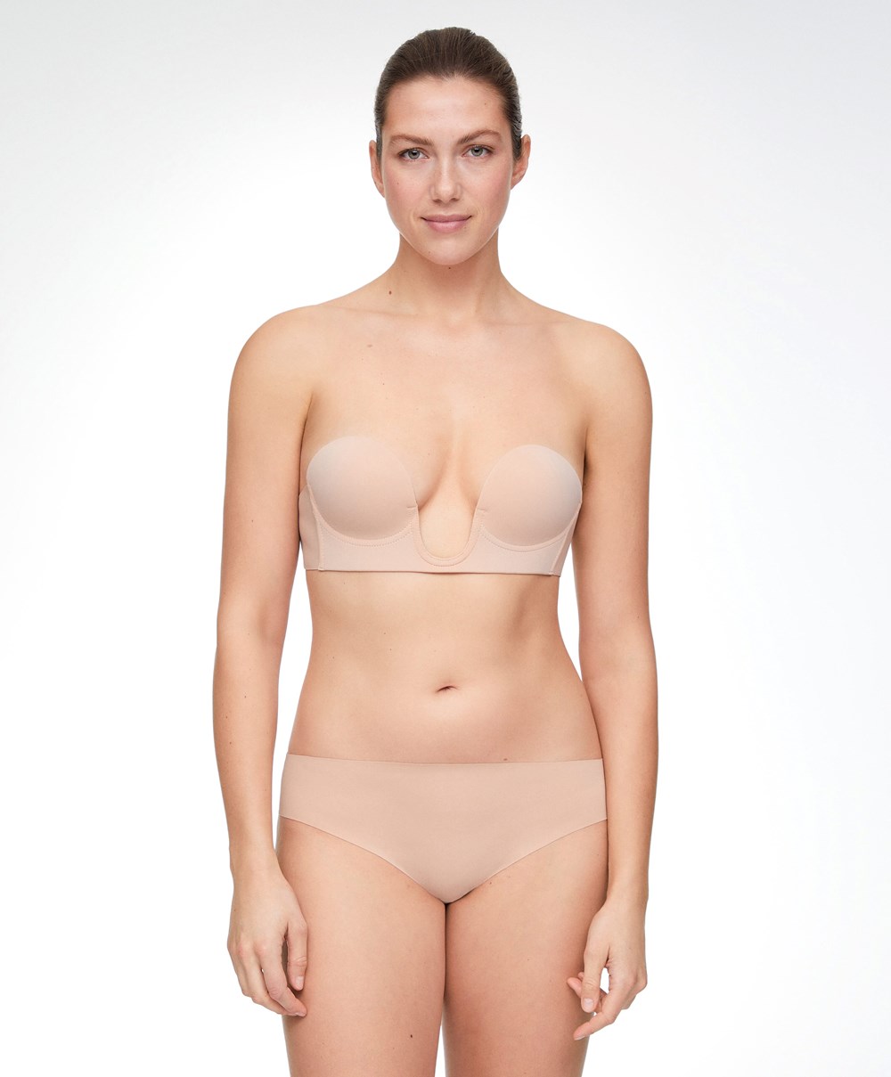 Oysho U-neck Fabric Adhesive Bra Beige | JREB05631