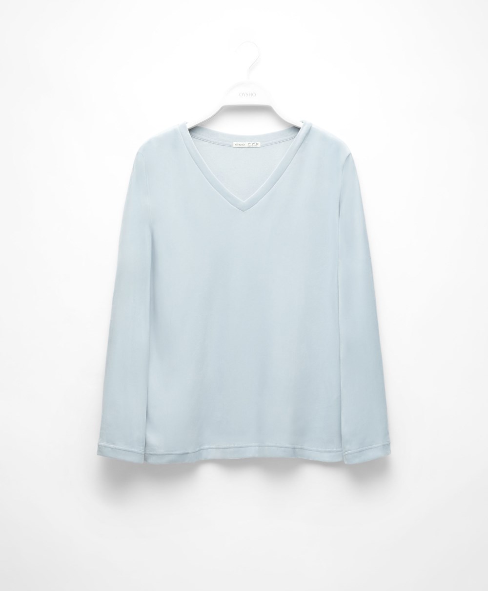 Oysho Velour Long-sleeved T-shirt Blå | IFVJ47510