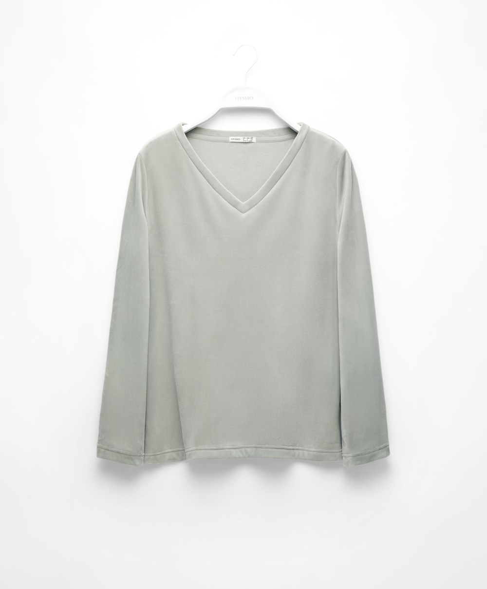 Oysho Velour Long-sleeved T-shirt Green-grey | WSXB51694