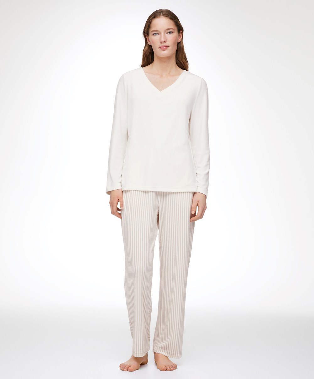 Oysho Velour Long-sleeved T-shirt Pale Ecru | HRXC37285