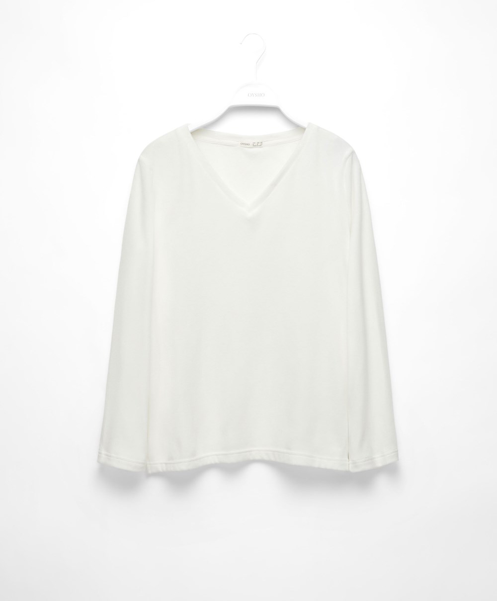 Oysho Velour Long-sleeved T-shirt Pale Ecru | HRXC37285