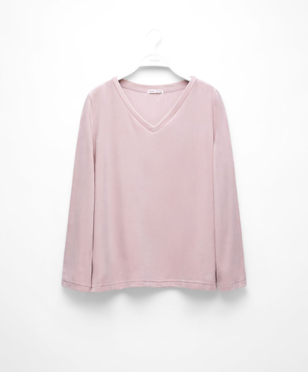 Oysho Velour Long-sleeved T-shirt Rosa | DUTN93750