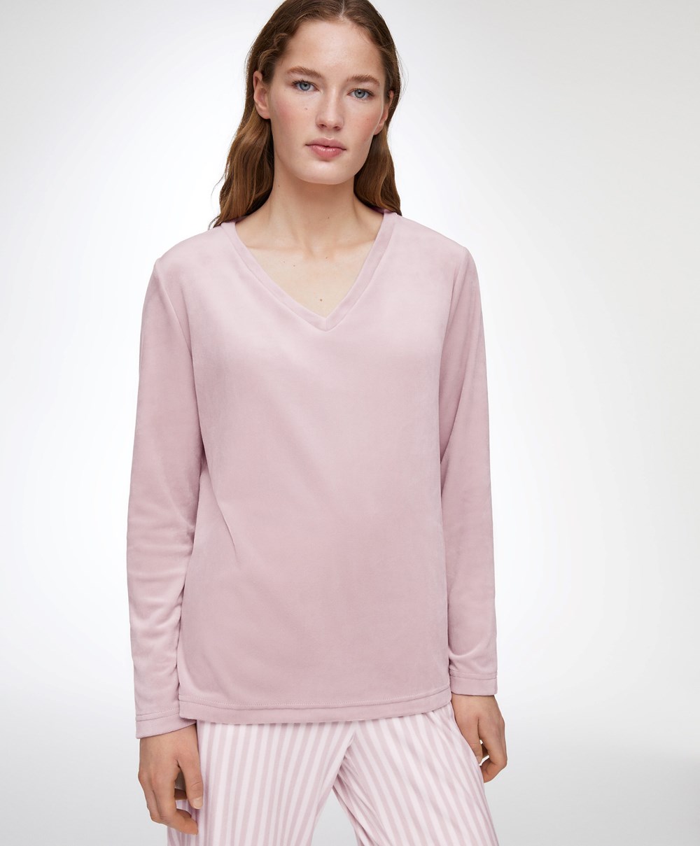 Oysho Velour Long-sleeved T-shirt Rosa | DUTN93750