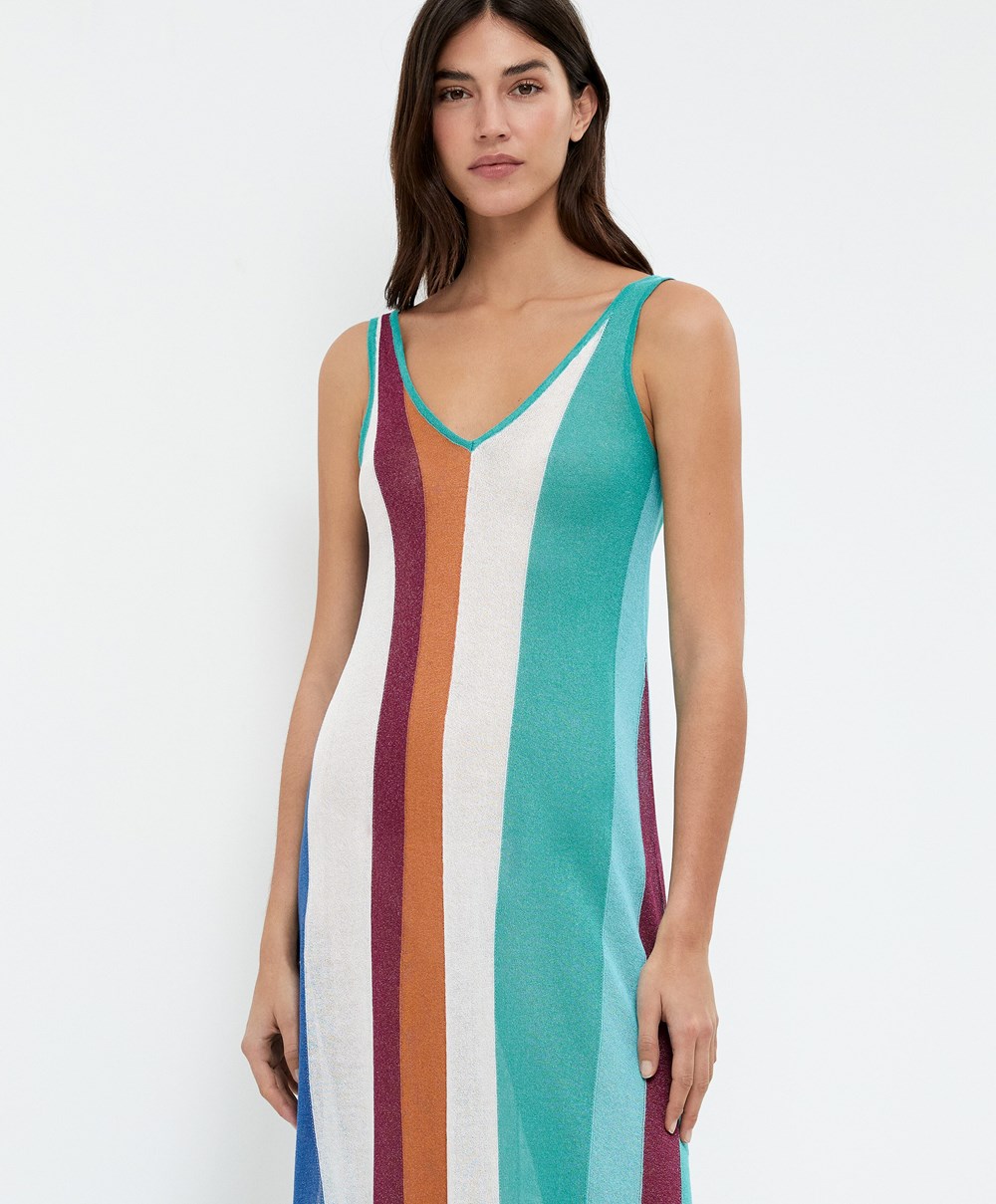 Oysho Vertical Stripe Knit Kjoler Turkis | WEHL80791