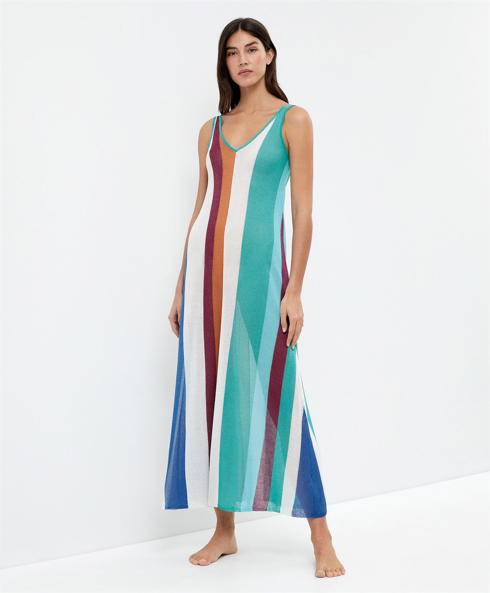 Oysho Vertical Stripe Knit Kjoler Turkis | ZHWG74981