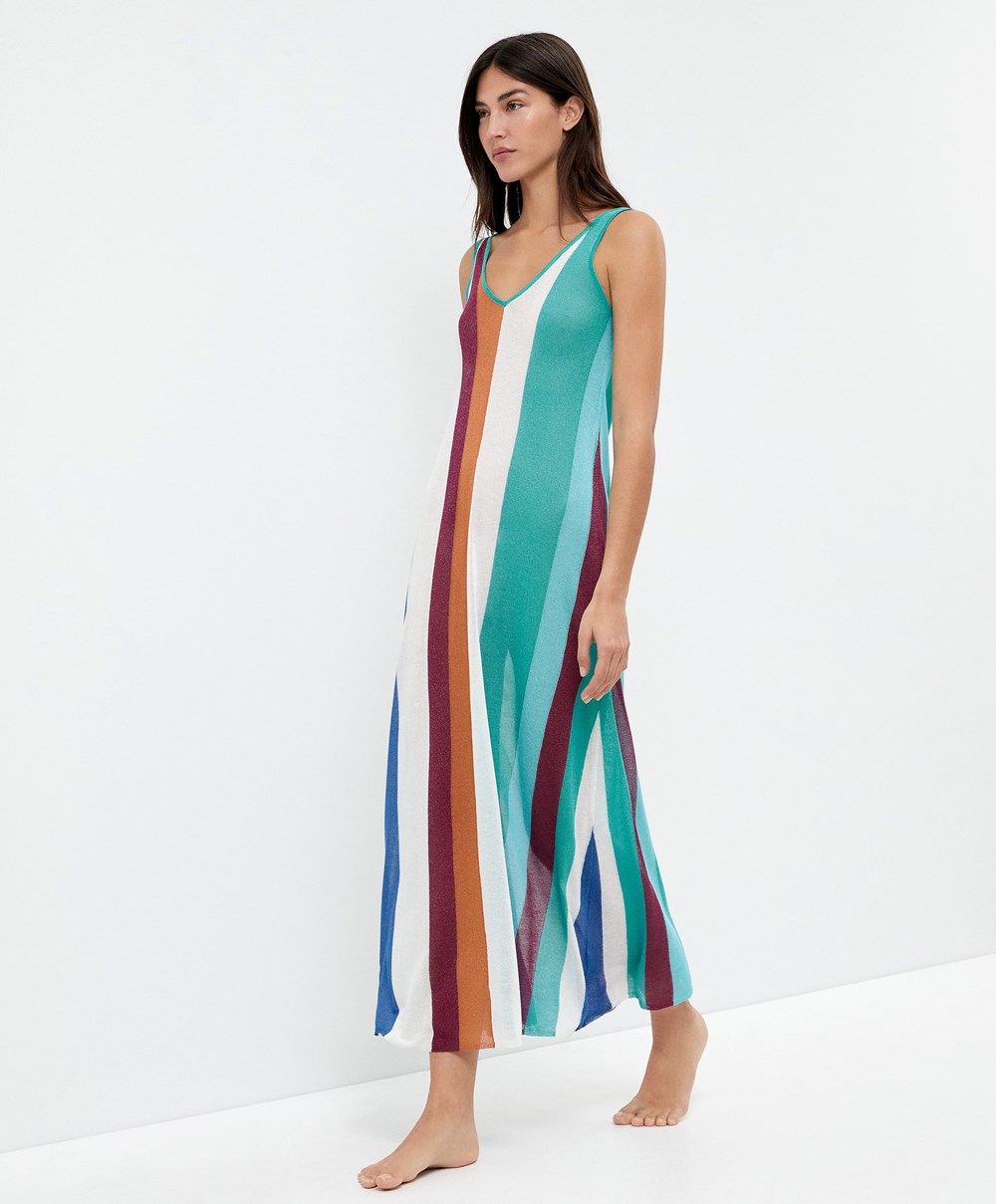 Oysho Vertical Stripe Knit Kjoler Turkis | ZHWG74981