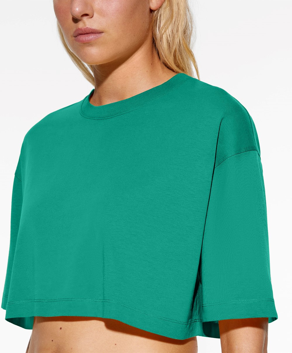 Oysho Washed 100% Bomull Crop T-shirt Grønn | BFQV81620