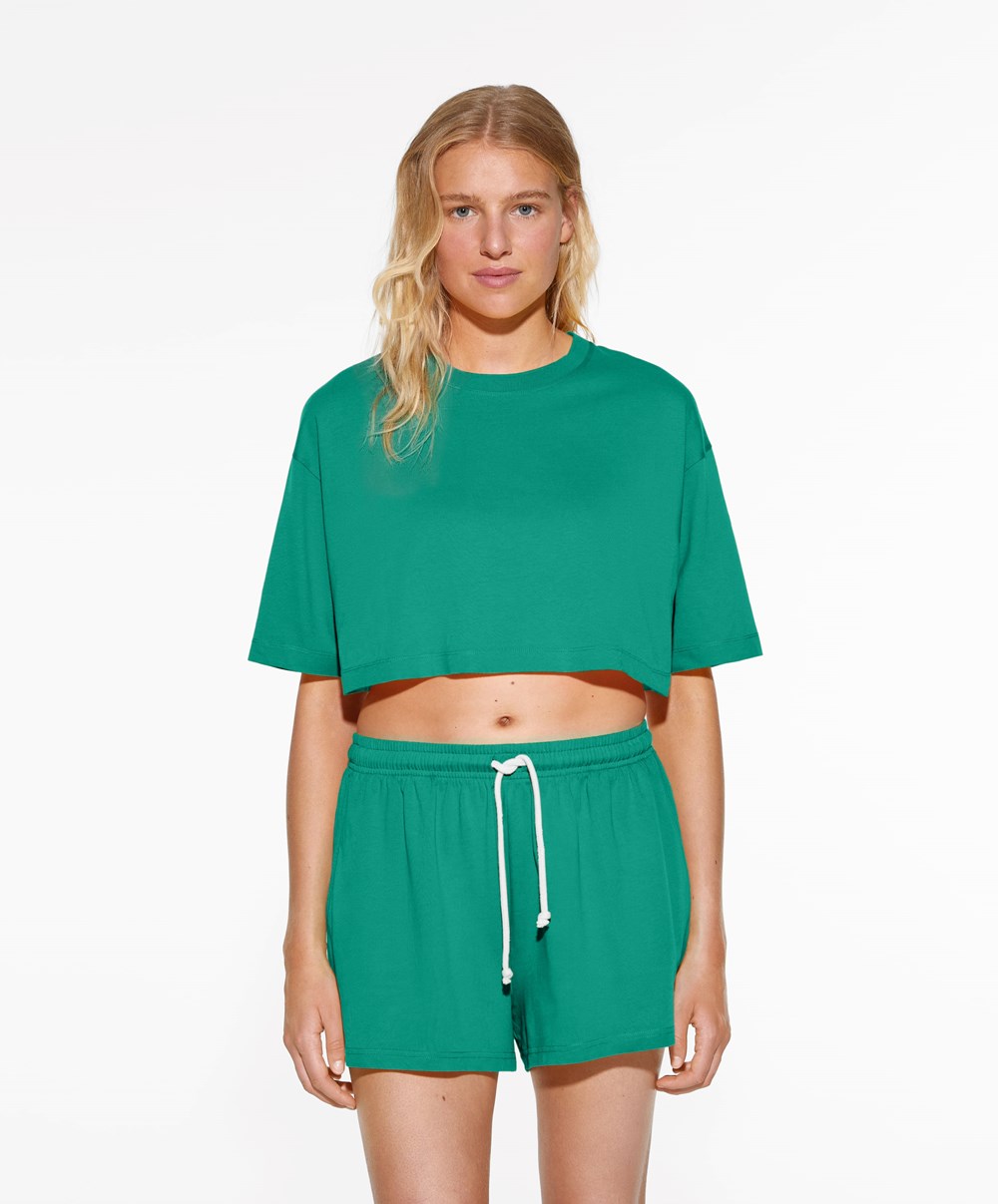 Oysho Washed 100% Bomull Crop T-shirt Grønn | FWVB17695