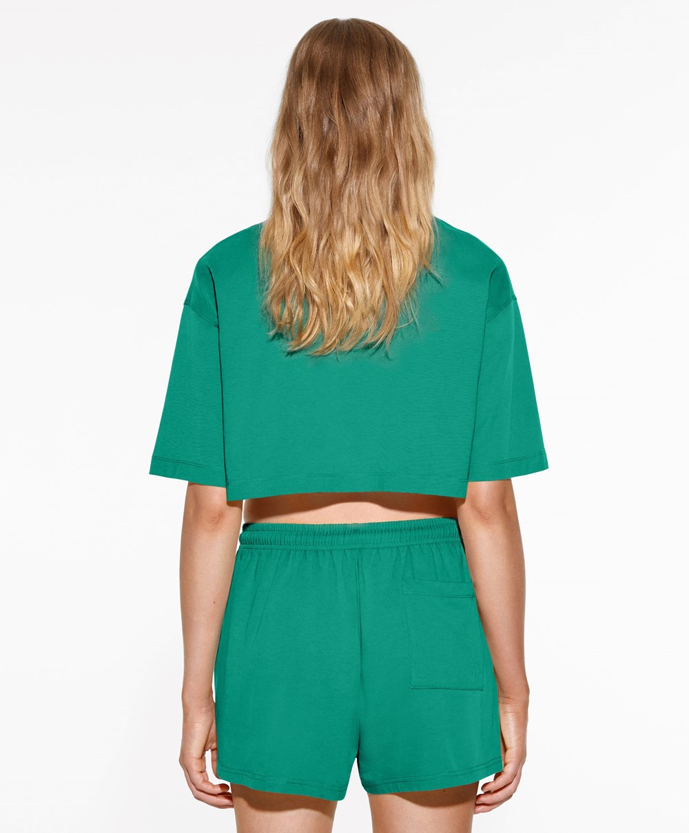 Oysho Washed 100% Bomull Crop T-shirt Grønn | HZWE13697