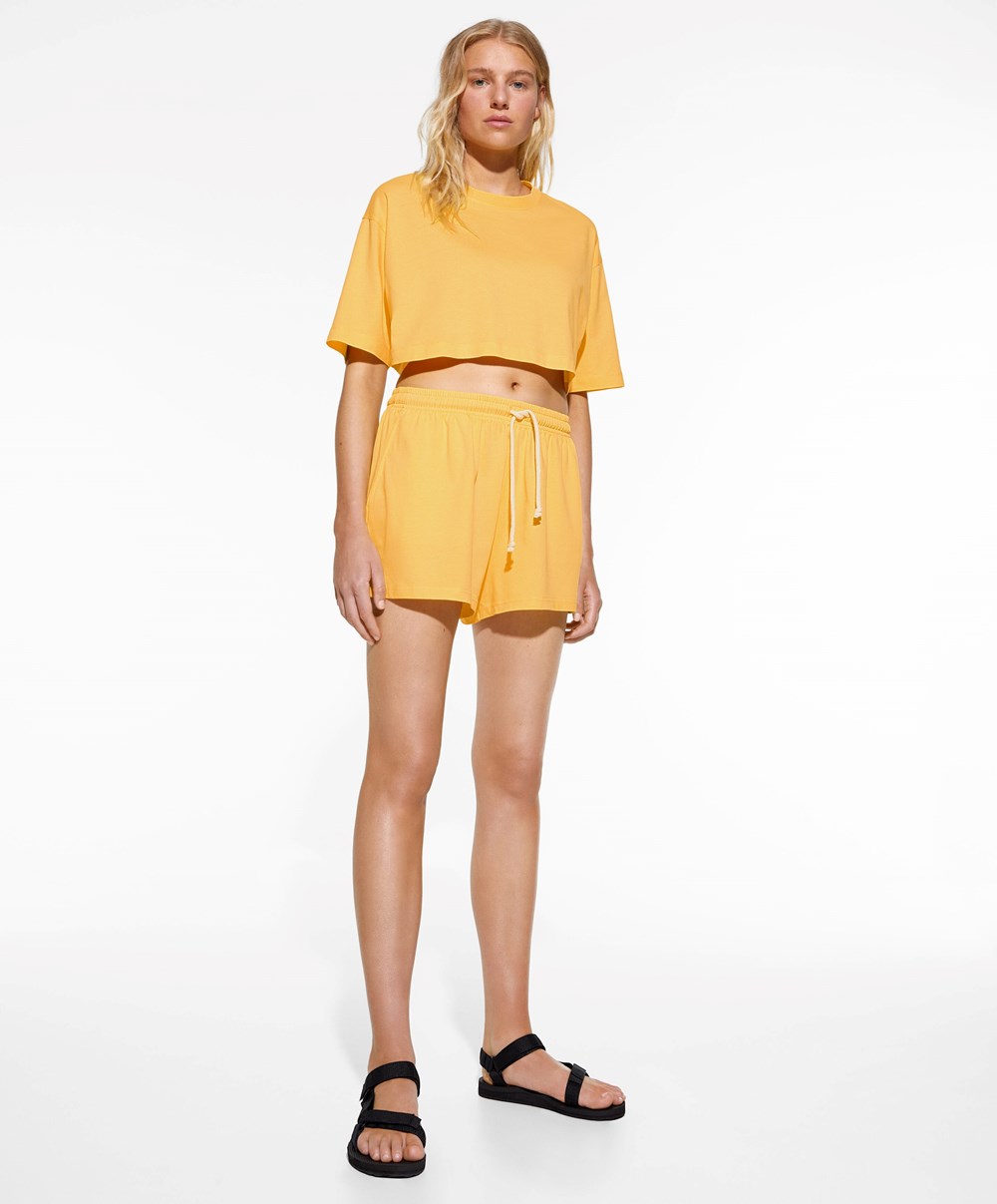 Oysho Washed 100% Bomull Crop T-shirt Mid-yellow | WARQ75304