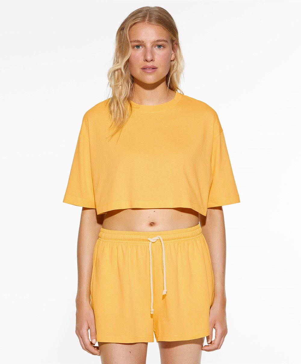 Oysho Washed 100% Bomull Crop T-shirt Mid-yellow | ZXTQ37569