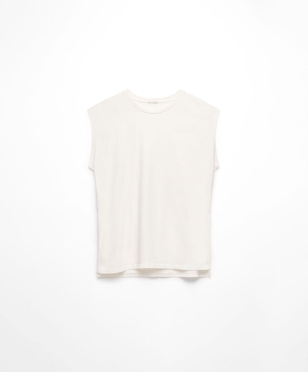 Oysho Washed 100% Bomull Ermeløse T-shirt Cream-white | SFJI83514