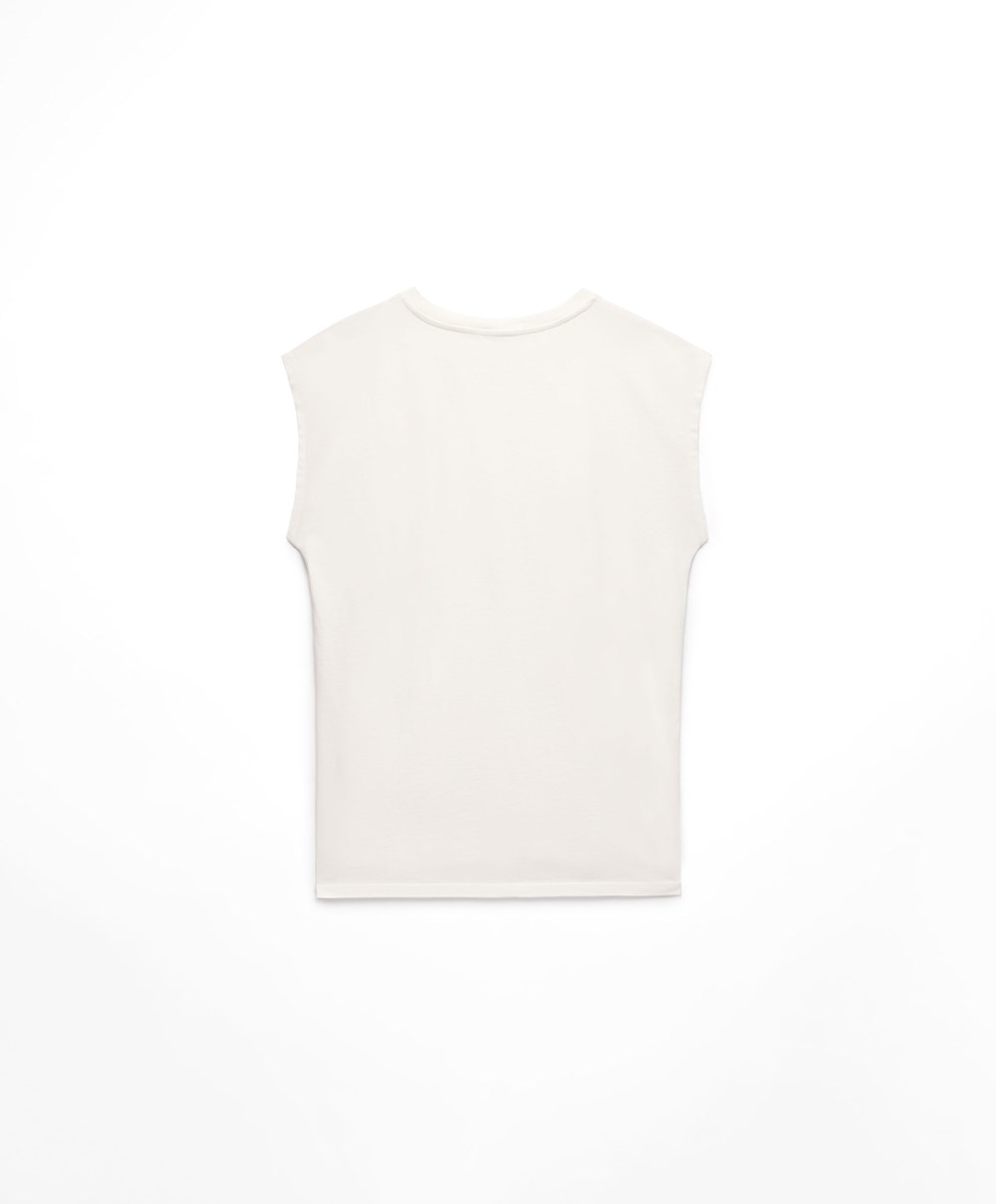 Oysho Washed 100% Bomull Ermeløse T-shirt Cream-white | SFJI83514