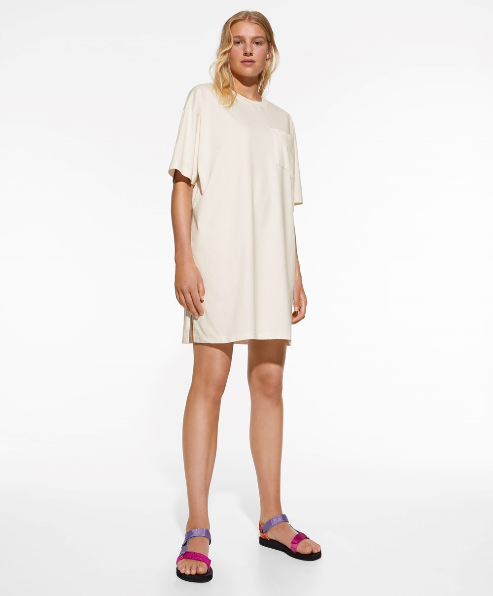 Oysho Washed 100% Bomull Long T-shirt Cream-white | GSCJ37216