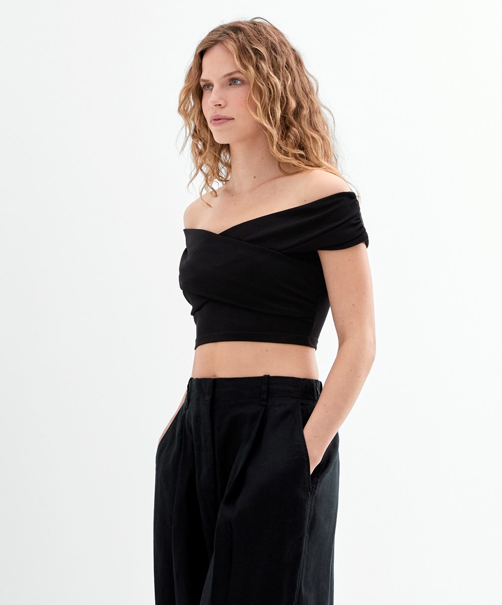 Oysho Wrap Off-shoulder Top Svarte | AUEI08579